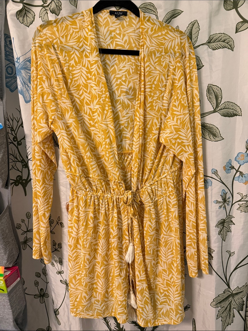 AUW Yellow & White Leaf-Print Tie-Waist Swim Coverup